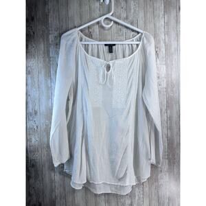 Lauren Ralph Lauren Top Womens L White Crinkled Wide Neck Keyhole Shabby Peasant